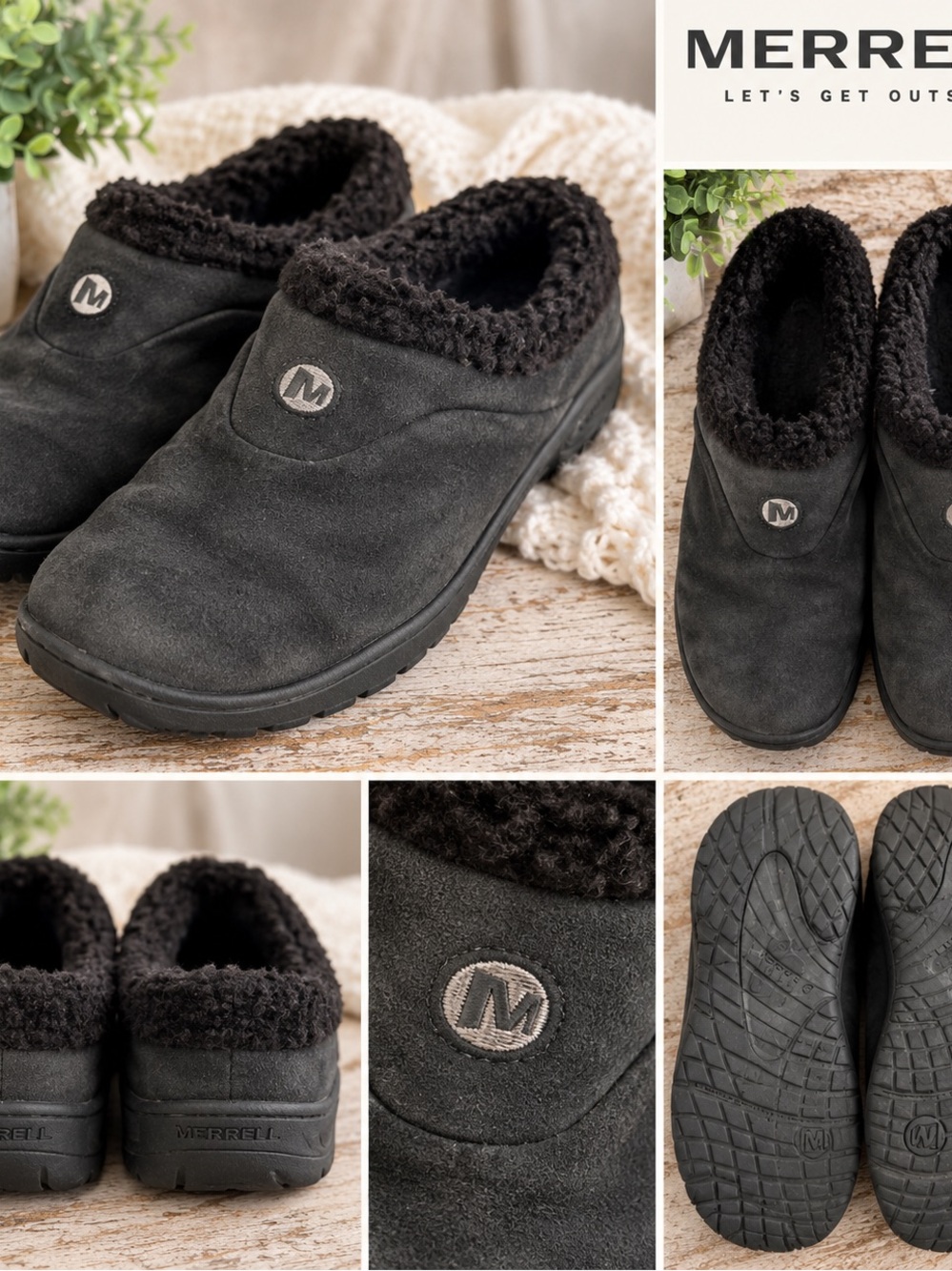 Merrell Women’s Black Fleece Lined Slip-On Clogs Size 8